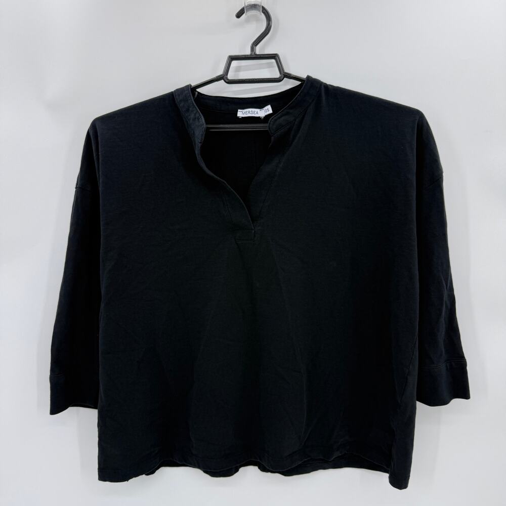 MERSEA Womens Black Boxy Casual Cotton Shirt Size OS 3/4 Sleeve Beachy Lagenlook